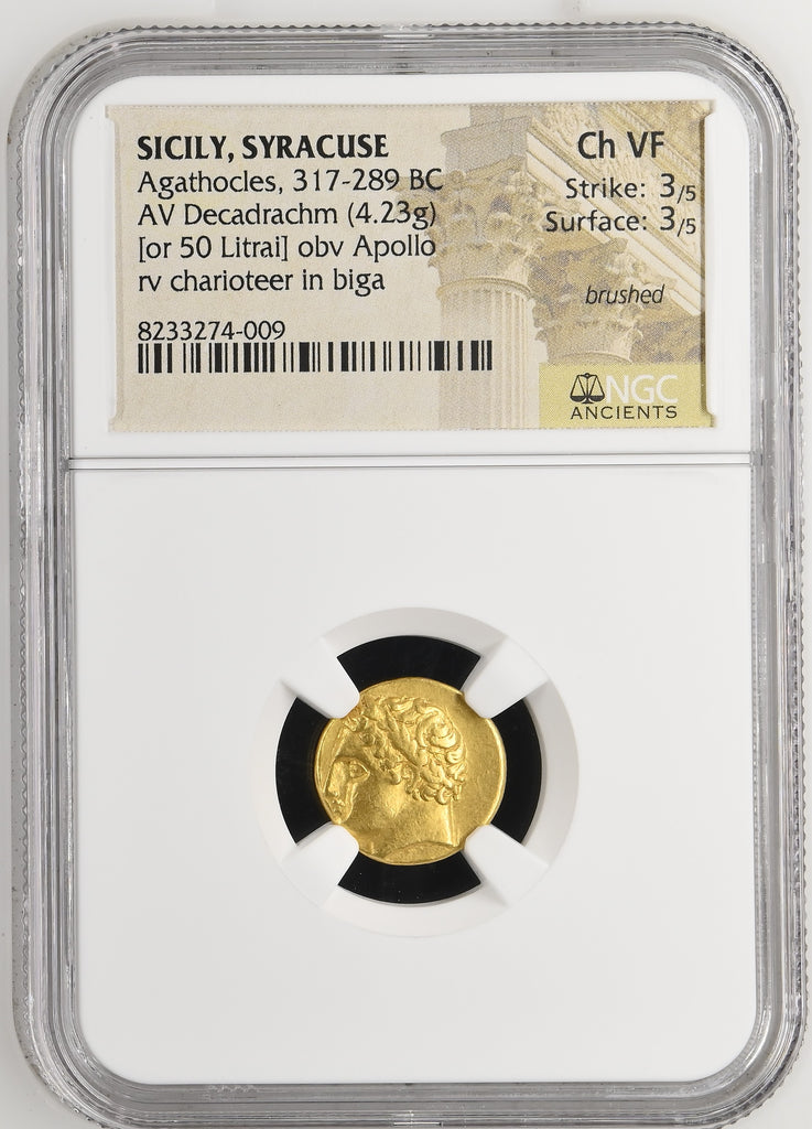 紀元前317-289年 古代 シチリア シラクサ デカドラクマ金貨 NGC Ch VF 3/5 3/5 brushed