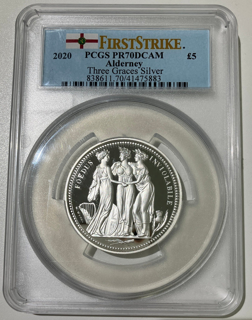 #アンティークコインギャラリア 2020年 オルダニー スリーグレイセス 2オンス 5ポンド銀貨 PCGS PR70DCAM