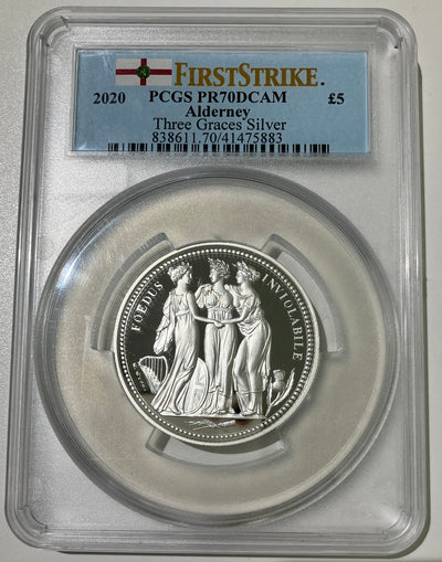 #アンティークコインギャラリア 2020年 オルダニー スリーグレイセス 2オンス 5ポンド銀貨 PCGS PR70DCAM