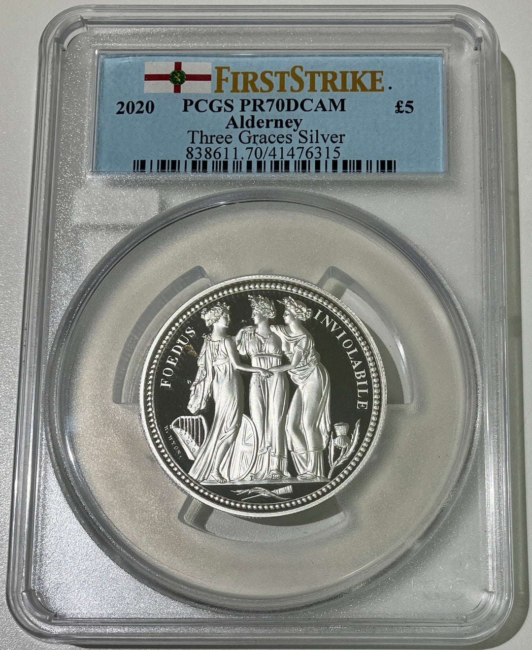 #アンティークコインギャラリア 2020年 オルダニー スリーグレイセス 2オンス 5ポンド銀貨 PCGS PR70DCAM