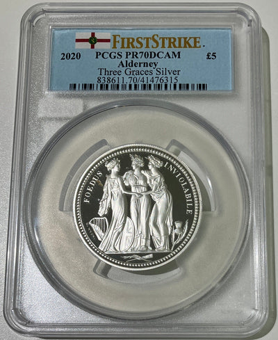 #アンティークコインギャラリア 2020年 オルダニー スリーグレイセス 2オンス 5ポンド銀貨 PCGS PR70DCAM