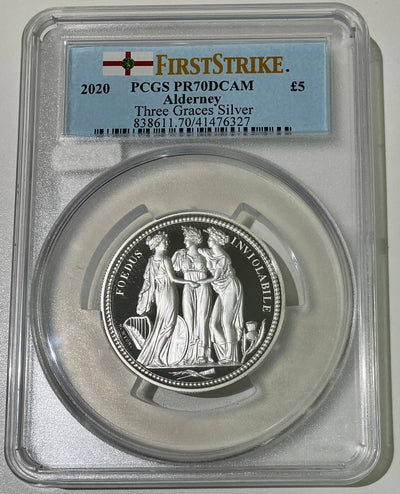 #アンティークコインギャラリア 2020年 オルダニー スリーグレイセス 2オンス 5ポンド銀貨 PCGS PR70DCAM