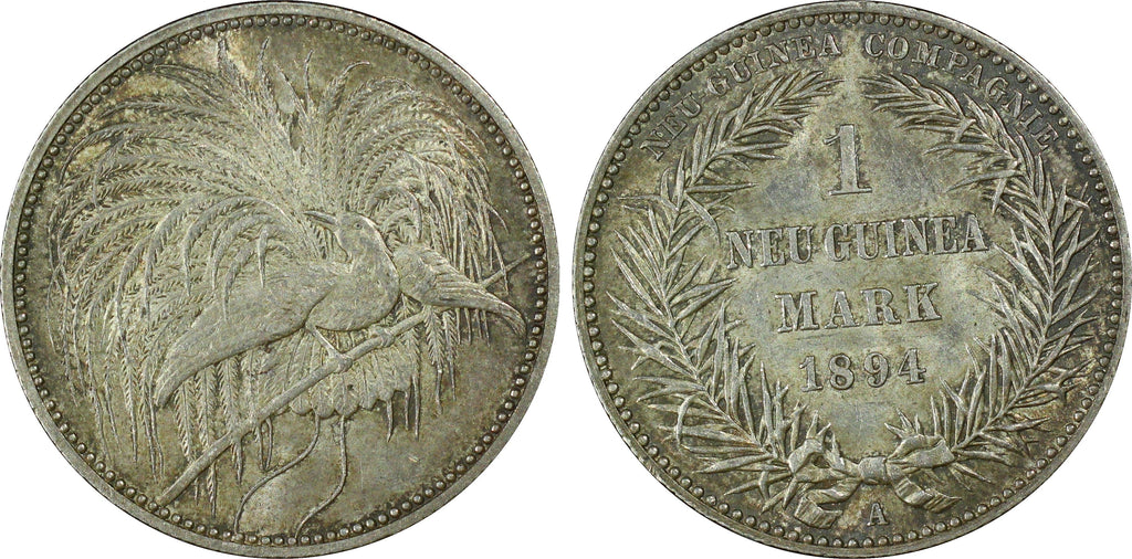 #アンティークコインギャラリア 1894年A ドイツ領ニューギニア 極楽鳥 1マルク銀貨 MS63