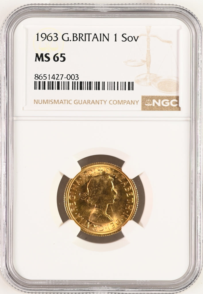 1963年 イギリス エリザベス2世 1stポートレート ギリックソヴリン金貨 NGC MS65
