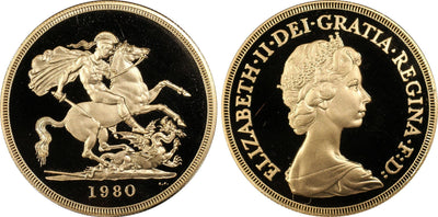 アンティークコインギャラリア 1980 イギリス ヤングエリザベス 5ポンド金貨 PCGS PR69DCAM