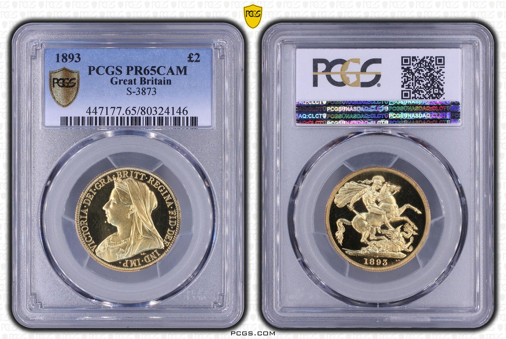 1893年 イギリス ヴィクトリア女王 ヴェールヘッド 2ポンド金貨 PR65 CAM