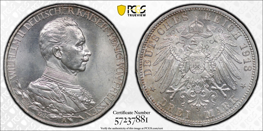 1913年A ドイツ プロイセン王国 即位25周年記念 3マルク銀貨 PCGS MS63