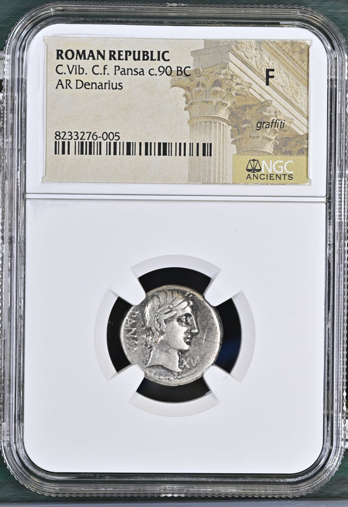 古代 紀元前90年頃 ローマ共和国 C.ウィビウス・パンサ デナリウス銀貨 NGC F graffiti