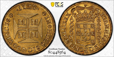 アンティークコインギャラリア 1727年 ブラジル 2万レイス金貨 PCGS AU58