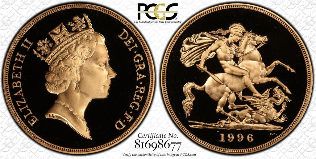#アンティークコインギャラリア 1996年 イギリス ミドルエリザベス 5ポンド金貨 PCGS PR69DCAM