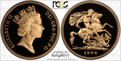 #アンティークコインギャラリア 1996年 イギリス ミドルエリザベス 5ポンド金貨 PCGS PR69DCAM