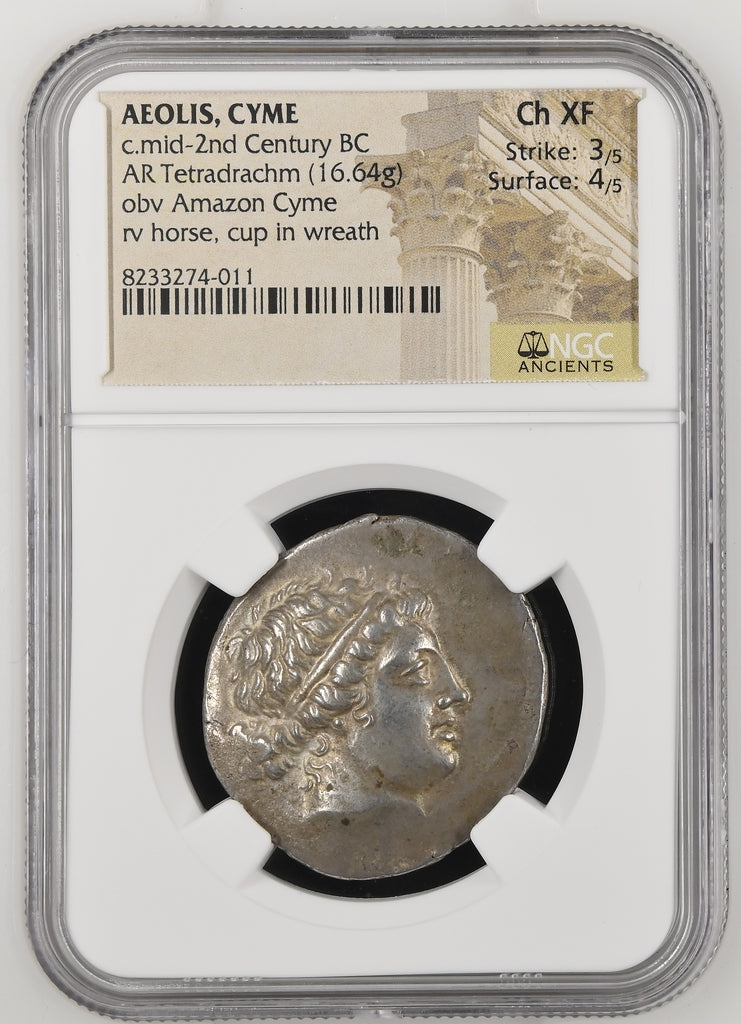 紀元前2世紀半ば頃 アイオリス地方 キュメ テトラドラクマ銀貨 NGC Ch XF 3/5-4/5