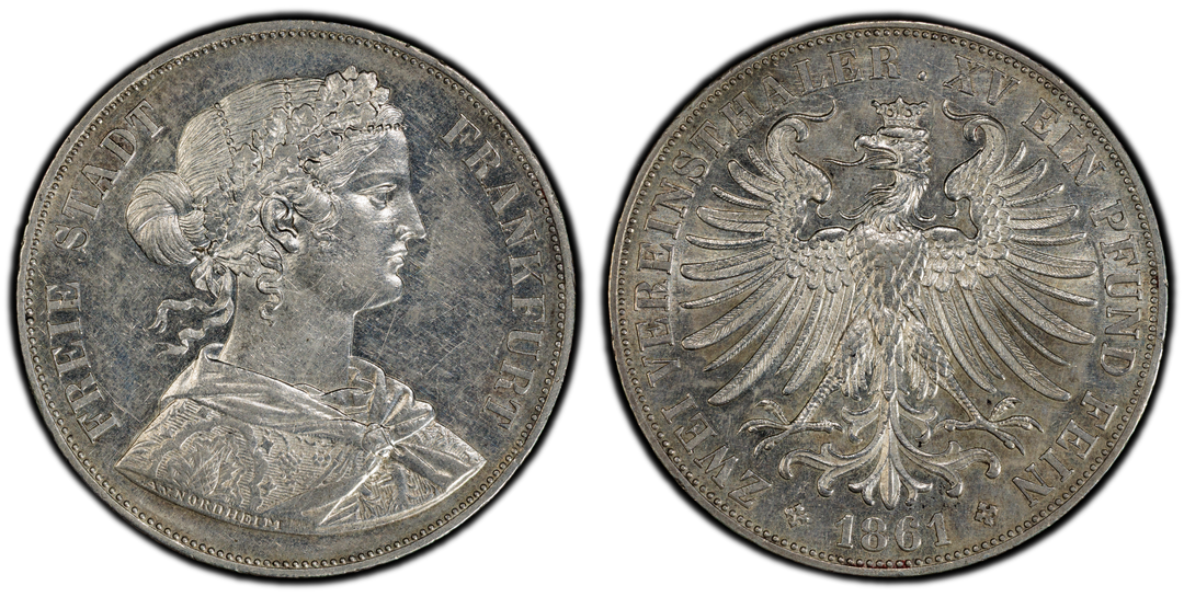 1861年 ドイツ フランクフルト フランコニア 2ターラー銀貨 PCGS AU58 1861年 ドイツ フランクフルト フランコニア 2ターラー銀貨 PCGS AU58