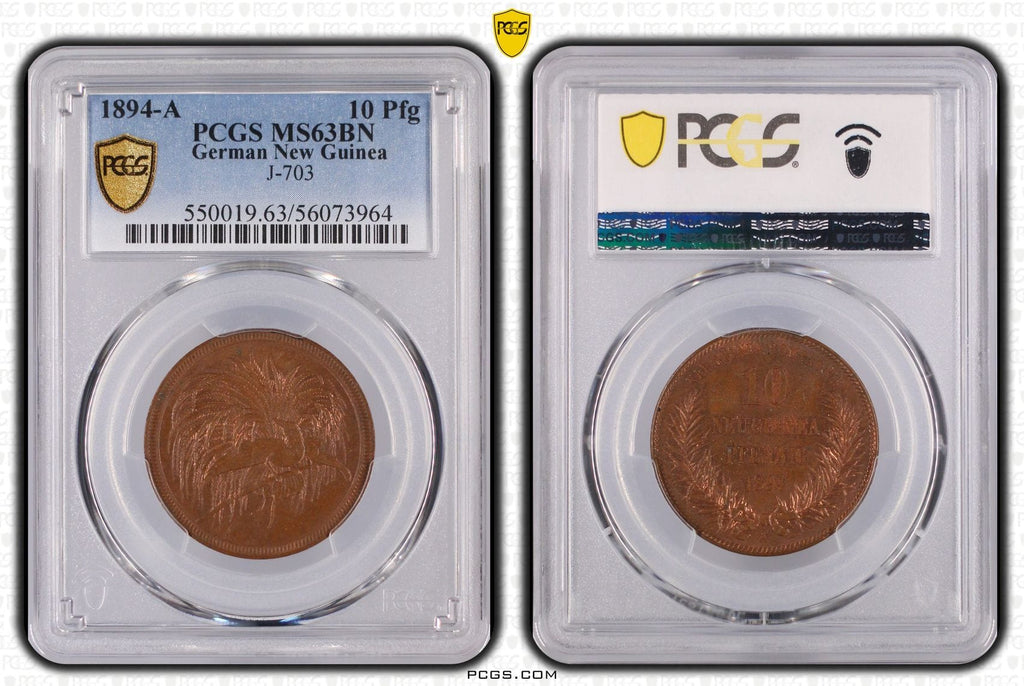#アンティークコインギャラリア 1894年 ドイツ領ニューギニア 極楽鳥 10ペニヒ銅貨 PCGS MS63BN