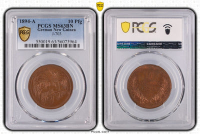 #アンティークコインギャラリア 1894年 ドイツ領ニューギニア 極楽鳥 10ペニヒ銅貨 PCGS MS63BN