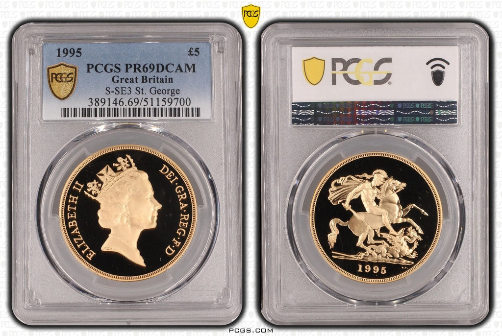 #アンティークコインギャラリア 1995年 イギリス ミドルエリザベス 5ポンド金貨 PCGS PR69DCAM
