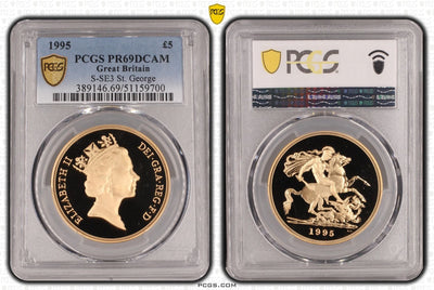 #アンティークコインギャラリア 1995年 イギリス ミドルエリザベス 5ポンド金貨 PCGS PR69DCAM