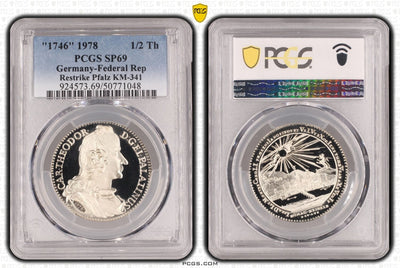 #アンティークコインギャラリア 1746年(1978年) ドイツ プファルツ ハーフターラー銀貨 リストライク PCGS SP69