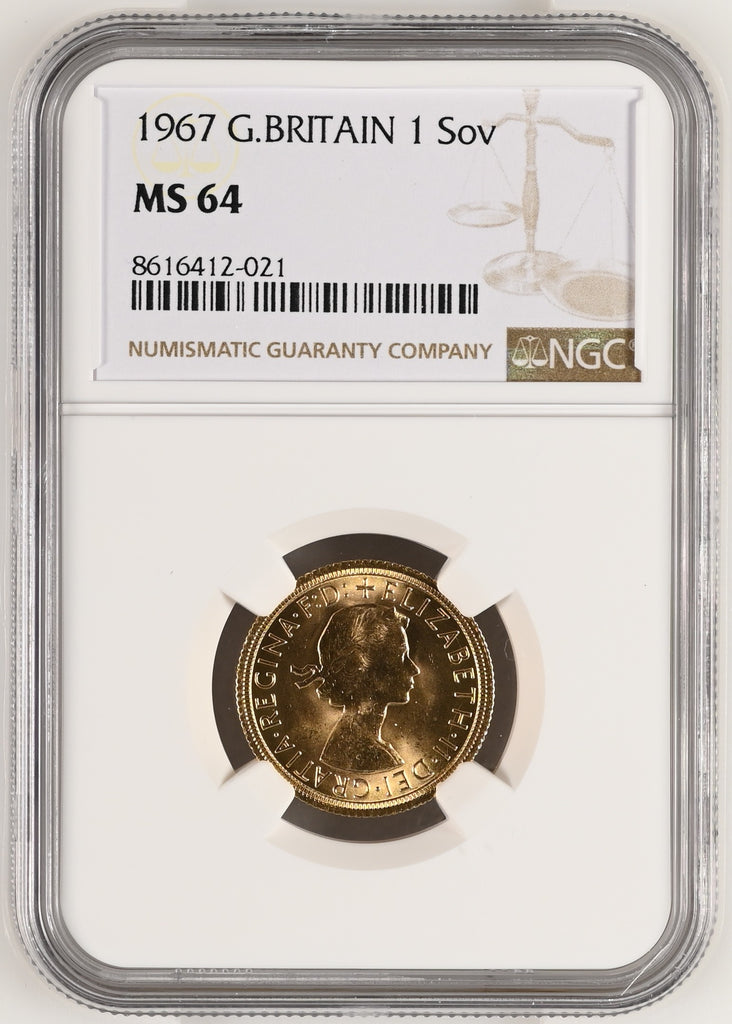 1967年 イギリス エリザベス2世 1stポートレート ギリックソヴリン金貨 NGC MS64