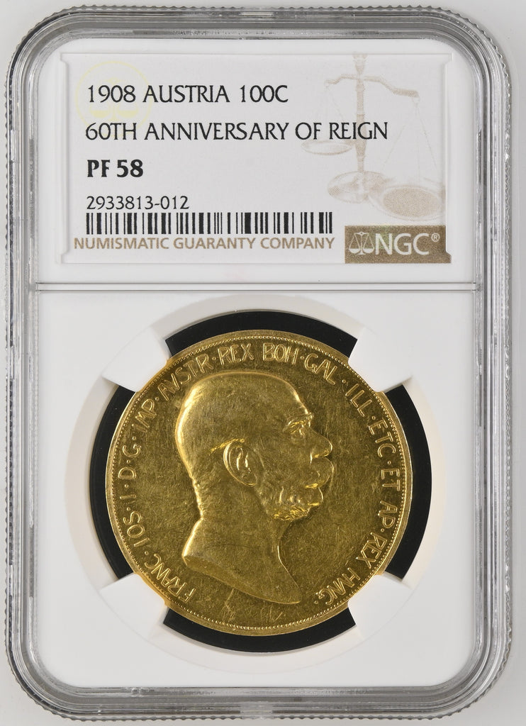 1908年 オーストリア フランツ・ヨーゼフ1世 雲上の女神 100コロナ金貨 NGC PF58