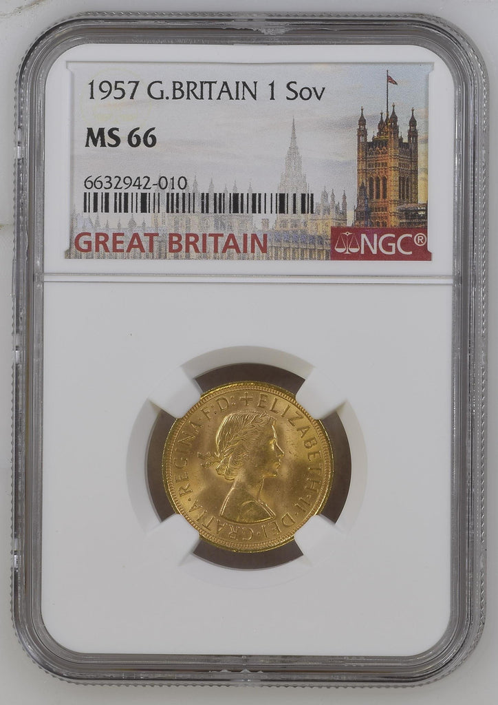 【Top Pop】1957年 イギリス エリザベス2世 1st ポートレート ソヴリン金貨 NGC MS66