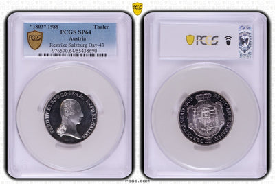 #アンティークコインギャラリア 1803年(1988年) オーストリア ザルツブルク ターラー銀貨 リストライク PCGS SP64