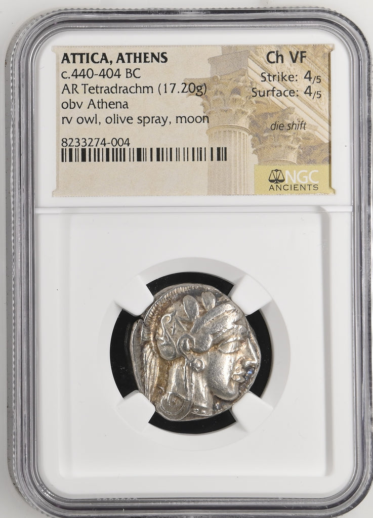 紀元前440-404年頃 古代ギリシア アッティカ アテネ テトラドラクマ銀貨 NGC Ch VF 4/5 4/5 die shift