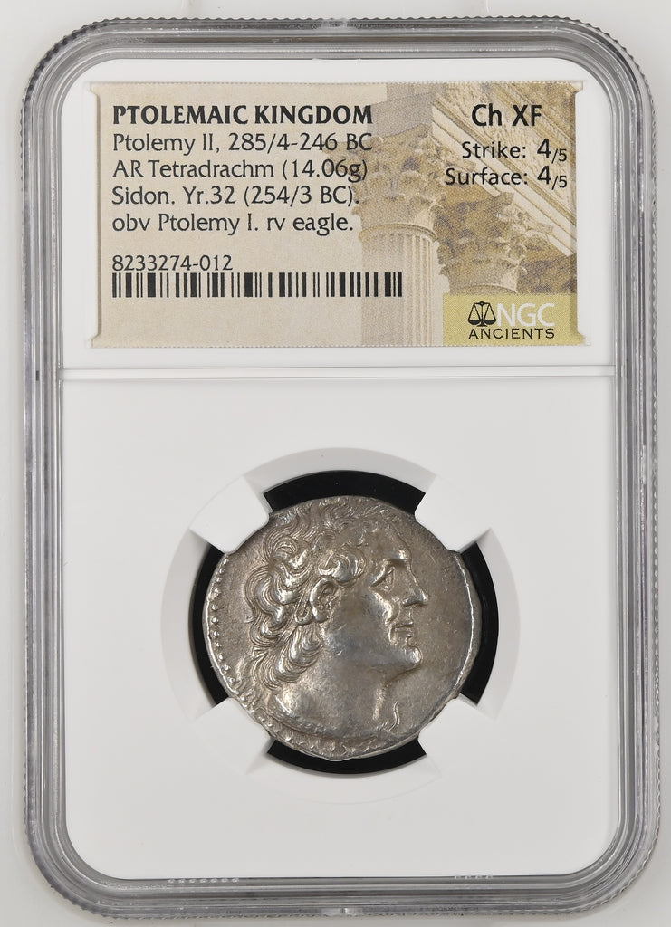 紀元前285/4-246年 プトレマイオス2世フィラデルフォス テトラドラクマ銀貨 NGC Ch XF 4/5-4/5