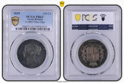 #アンティークコインギャラリア 1839年 イギリス ヴィクトリア ハーフクラウン銀貨 プレーンエッジ Sp#3885 PR63
