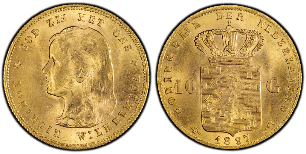 1897年 オランダ ウィルヘルミナ女王 第一肖像 10グルデン金貨 PCGS MS65