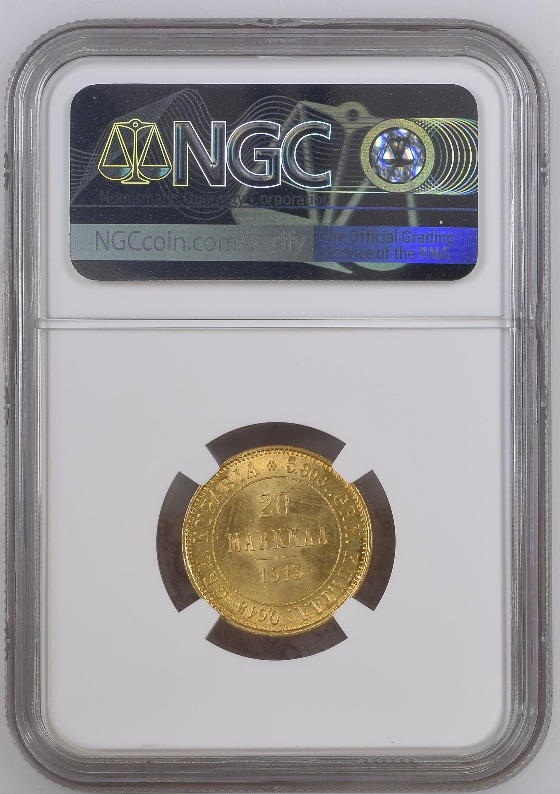 1913年 フィンランド 20マルッカ金貨 MS65 | 港区虎ノ門のアンティーク