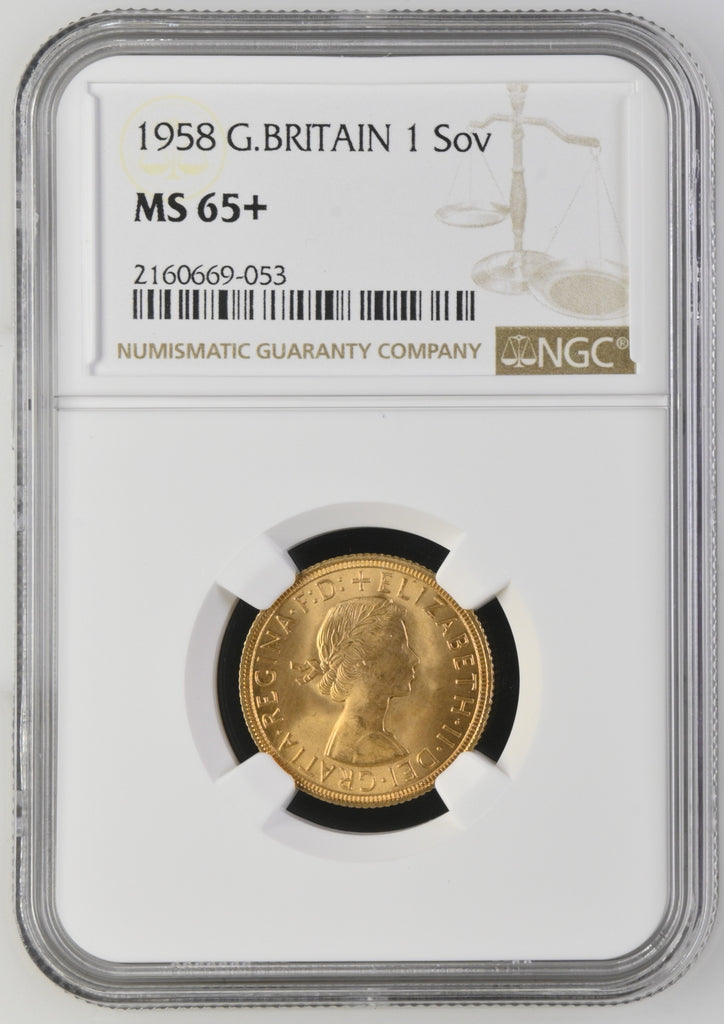 1958年 イギリス エリザベス2世 1stポートレート ギリックソヴリン金貨 NGC MS65+