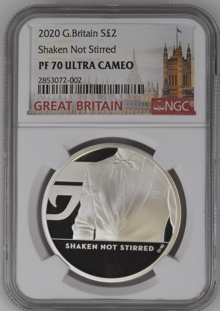 2020年 イギリス 007 Shaken Not Stirred 1オンス 2ポンド銀貨 NGC PF70UCAM 箱付き