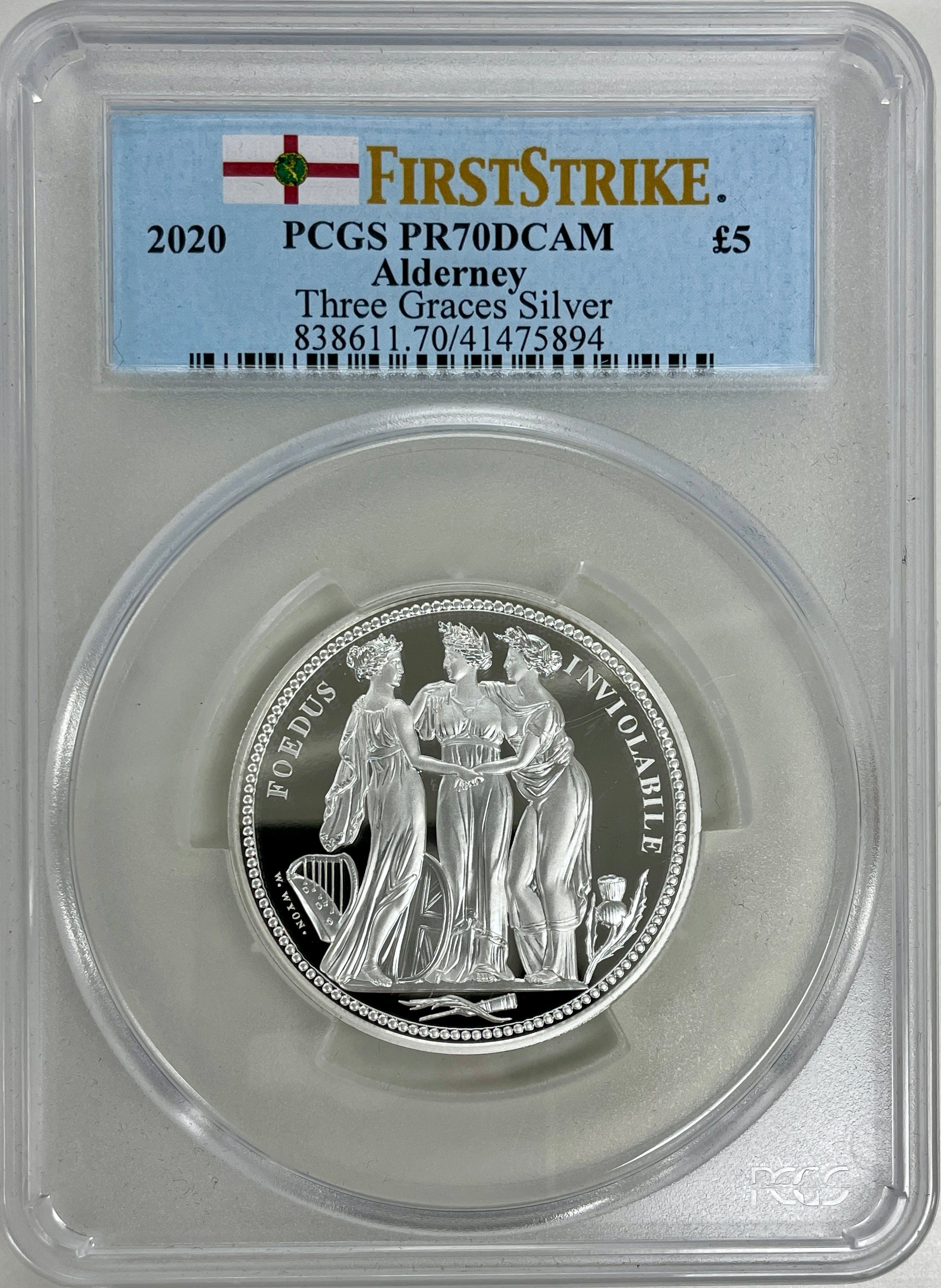 2020年 オルダニー スリーグレイセス 5ポンド銀貨 PCGS PR70DCAM