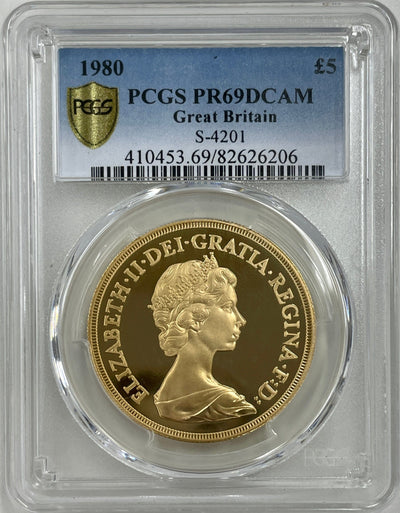 #アンティークコインギャラリア 1980年 イギリス エリザベス2世 5ポンド金貨 PCGS PR69DCAM