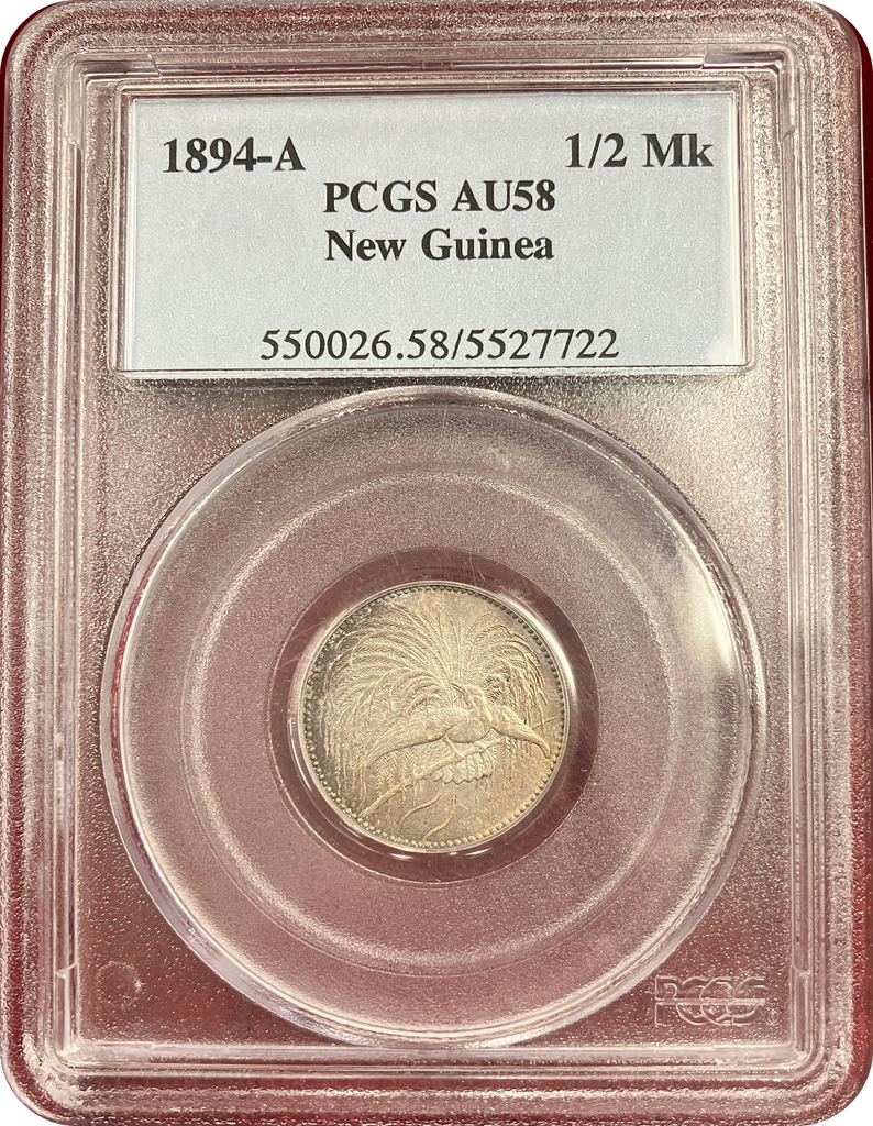 1894年 ドイツ領ニューギニア ヴィルヘルム2世 極楽鳥 1/2マルク銀貨 PCGS AU58