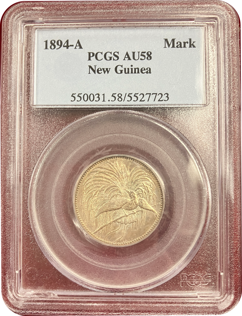 1894年 ドイツ領ニューギニア ヴィルヘルム2世 極楽鳥 1マルク銀貨 PCGS AU58