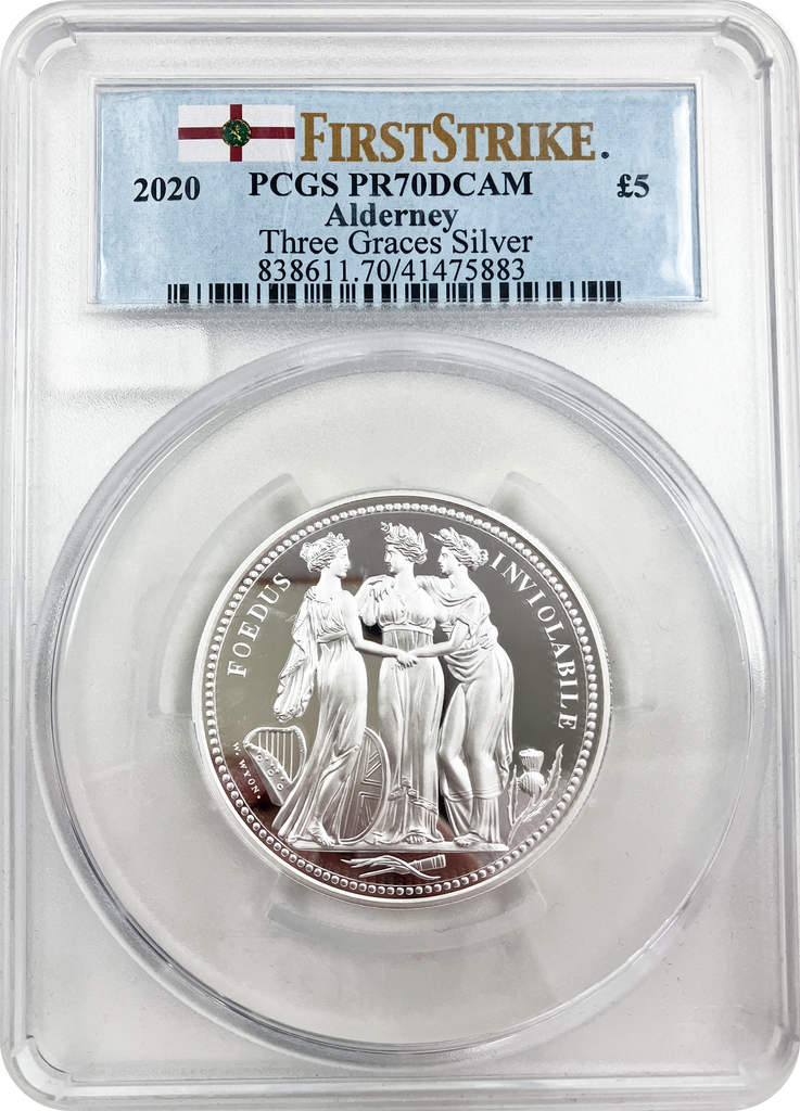 2020年 オルダニー スリーグレイセス 2オンス 5ポンド銀貨 PCGS PR70DCAM