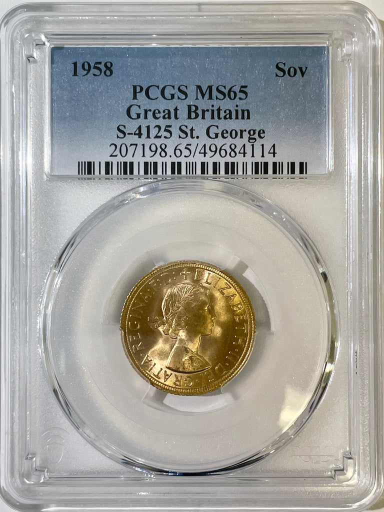 #アンティークコインギャラリア 1958年 イギリス エリザベス2世 1stポートレート ソヴリン金貨 PCGS MS65