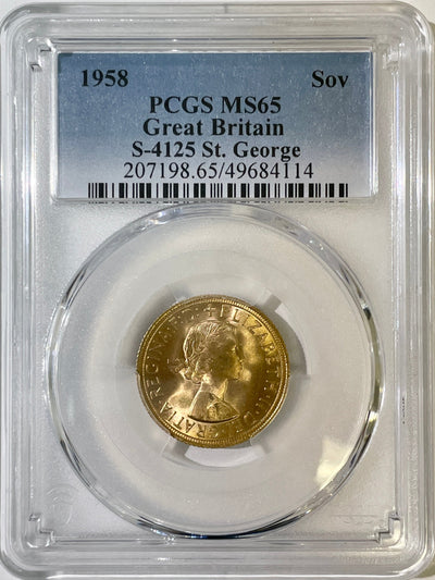 #アンティークコインギャラリア 1958年 イギリス エリザベス2世 1stポートレート ソヴリン金貨 PCGS MS65