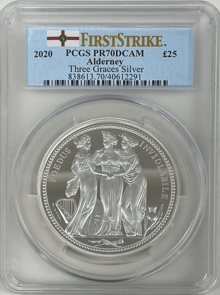 #アンティークコインギャラリア 【Top Pop】2020年 オルダニー スリーグレイセス 25ポンド 5oz 銀貨 PCGS PR70DCAM