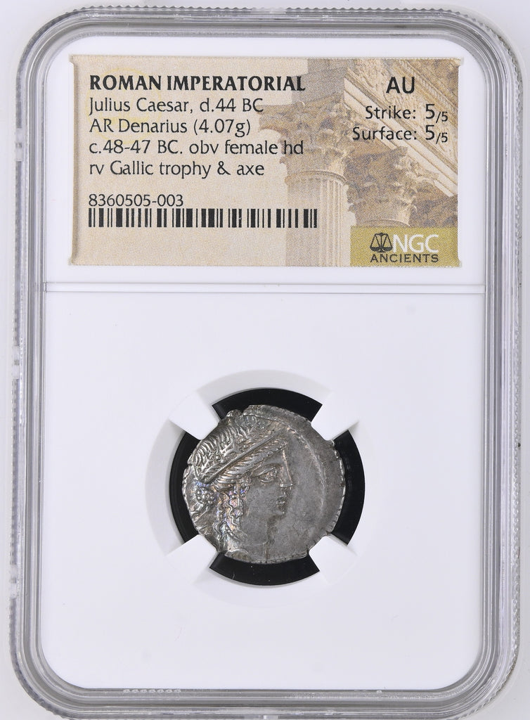 紀元前48-47年 古代ローマ帝国 カエサル デナリウス銀貨 AU Strike 4/5 Surface 4/5