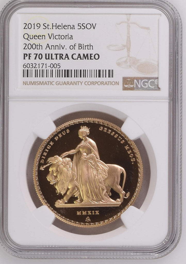 2019年 セントヘレナ エリザベス2世 ウナとライオン プルーフ 5ポンド金貨 PR70UCAM