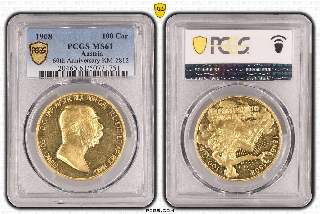 #アンティークコインギャラリア 1908年 オーストリア フランツ・ヨーゼフ1世 雲上の女神 100コロナ金貨 PCGS MS61