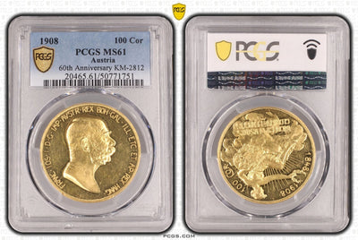 #アンティークコインギャラリア 1908年 オーストリア フランツ・ヨーゼフ1世 雲上の女神 100コロナ金貨 PCGS MS61