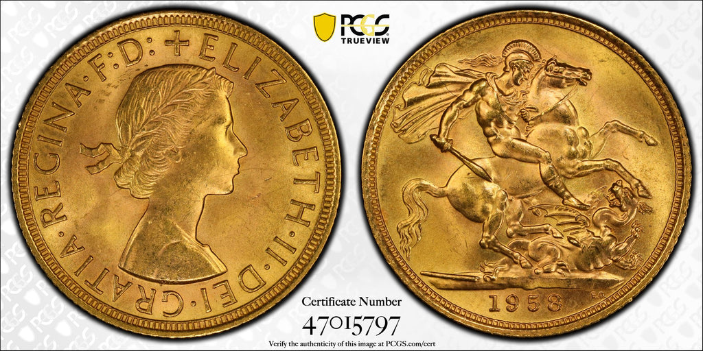 1958年 イギリス エリザベス2世 1st ポートレート ソヴリン金貨 PCGS MS64