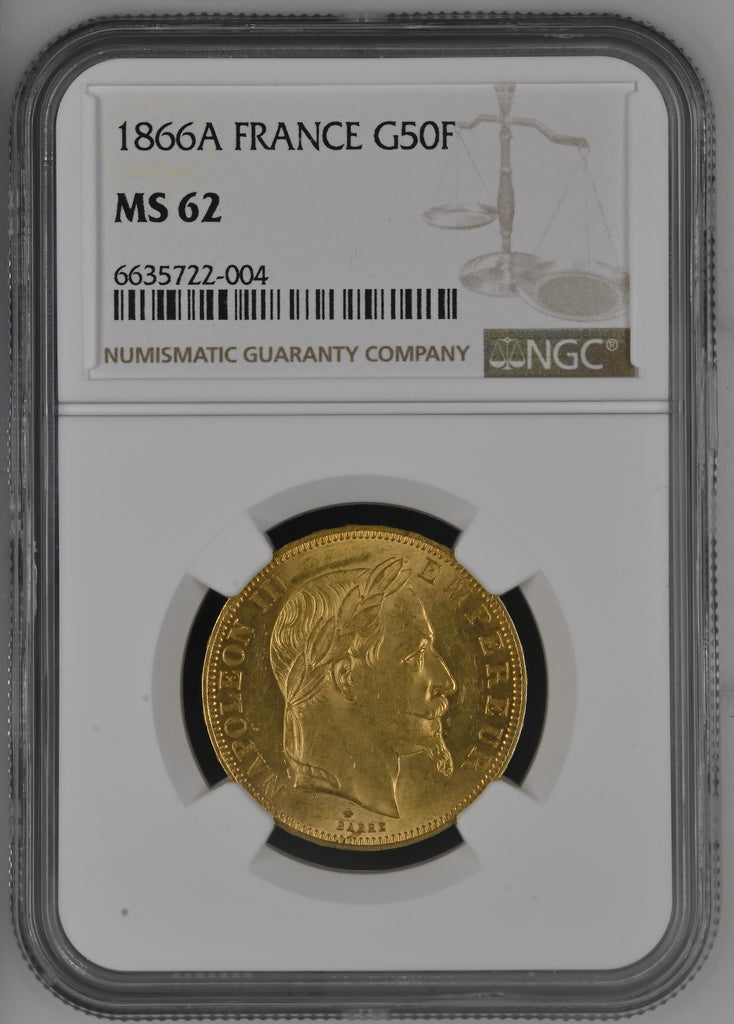 1866年A フランス ナポレオン3世 50フラン金貨 NGC MS62