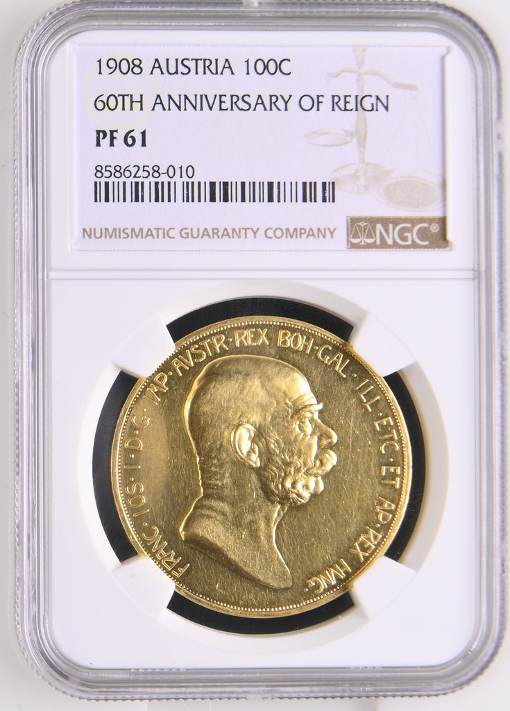 1908年 オーストリアフランツ・ヨーゼフ1世 雲上の女神 100コロナ金貨 NGC PF61