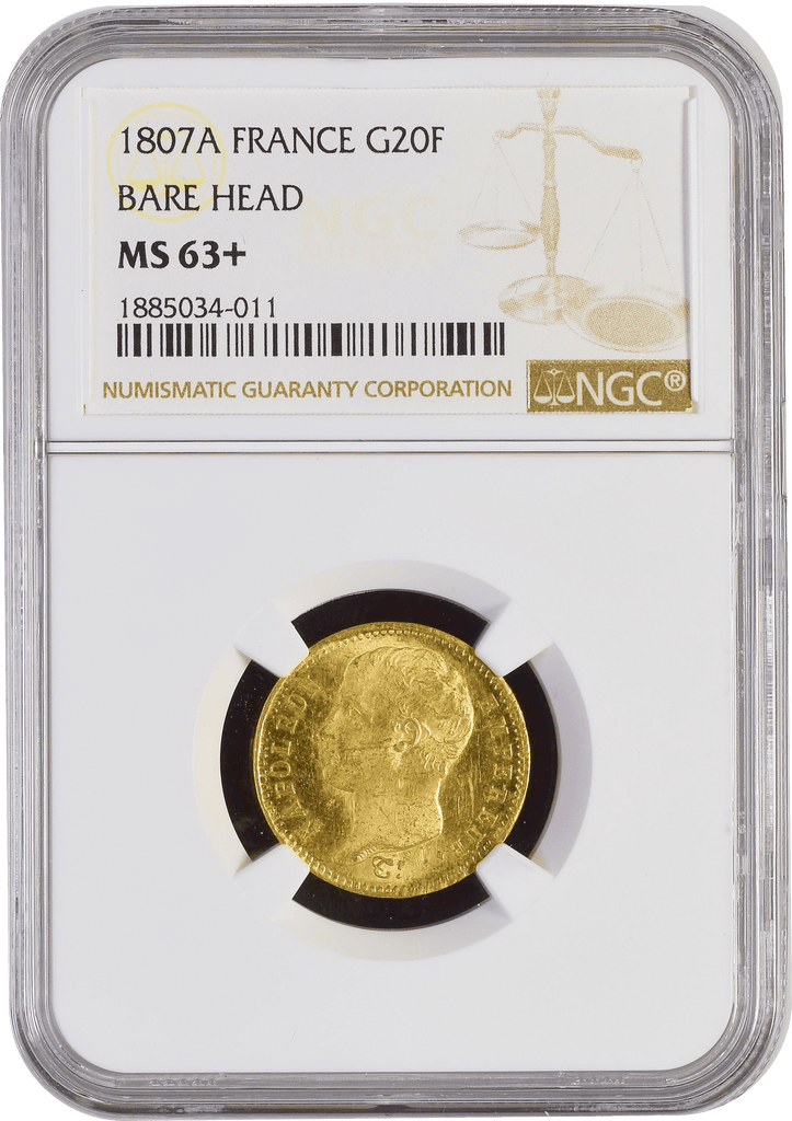 #アンティークコインギャラリア 1807年 フランス  ナポレオン1世 20フラン金貨 無冠 NGC MS63+