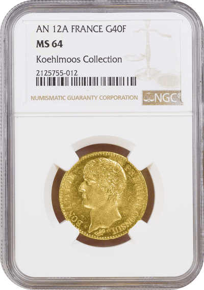 #アンティークコインギャラリア AN12A(1803年) フランス  ナポレオン1世 40フラン金貨 無冠 パリミント Koehlmoos Collection NGC MS64